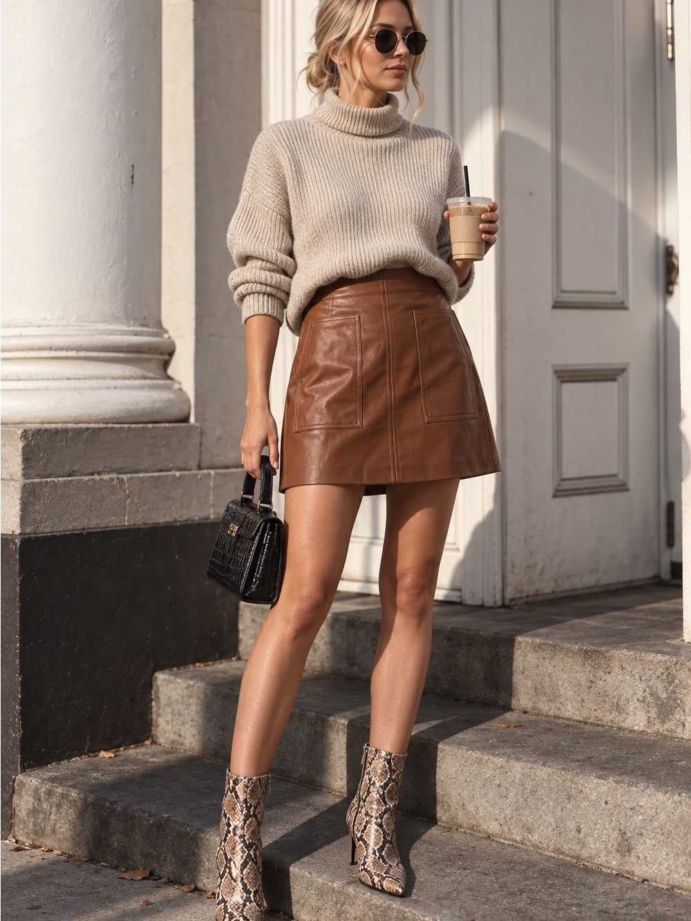 H&M Brown Leather Mini Skirt with Front Patch Pockets
